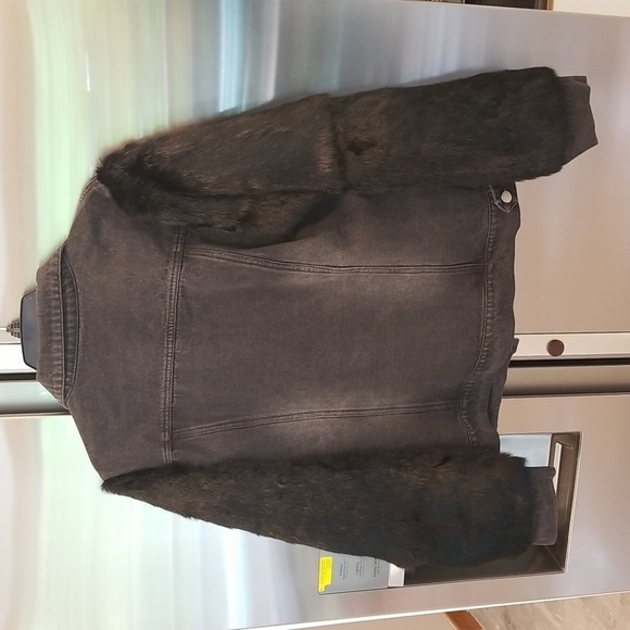 💕LOVE TOKEN💕 Murray Genuine Real Rabbit Fur Sleeve Denim Jacket Coat ~ Black M - Picture 8 of 16